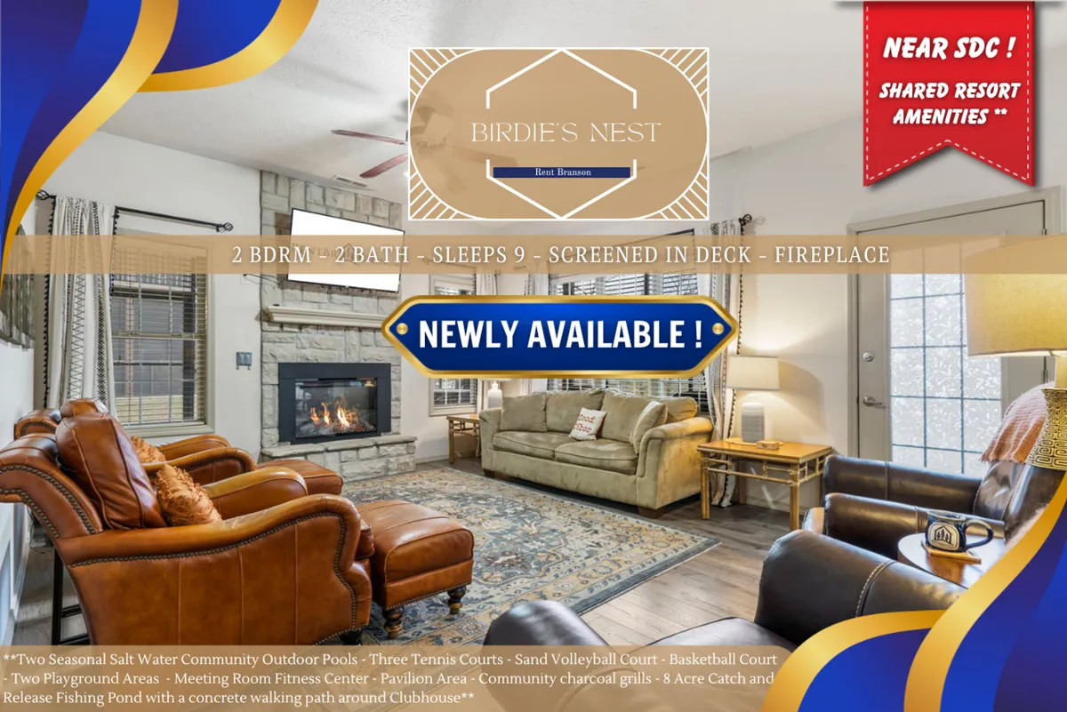 A warm, inviting living space featuring a comfortable seating arrangement around a cozy fireplace. The area also offers views of a screened-in deck, hinting at both indoor and outdoor relaxation. The furnishings encourage gathering and conversation, with soft lighting that enhances the homely atmosphere.